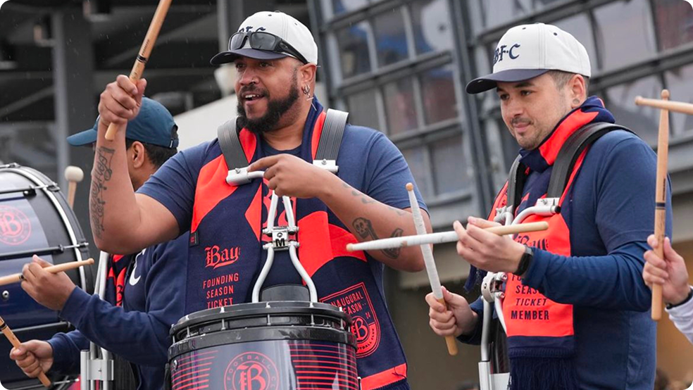 Bay FC Beats drumline performing in team branded gear
